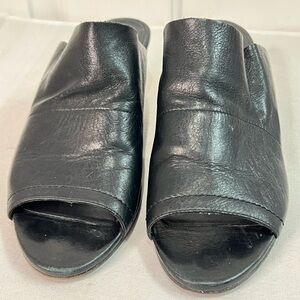 Eileen Fisher buttery black leather peep toe slide sandals block heel size 6